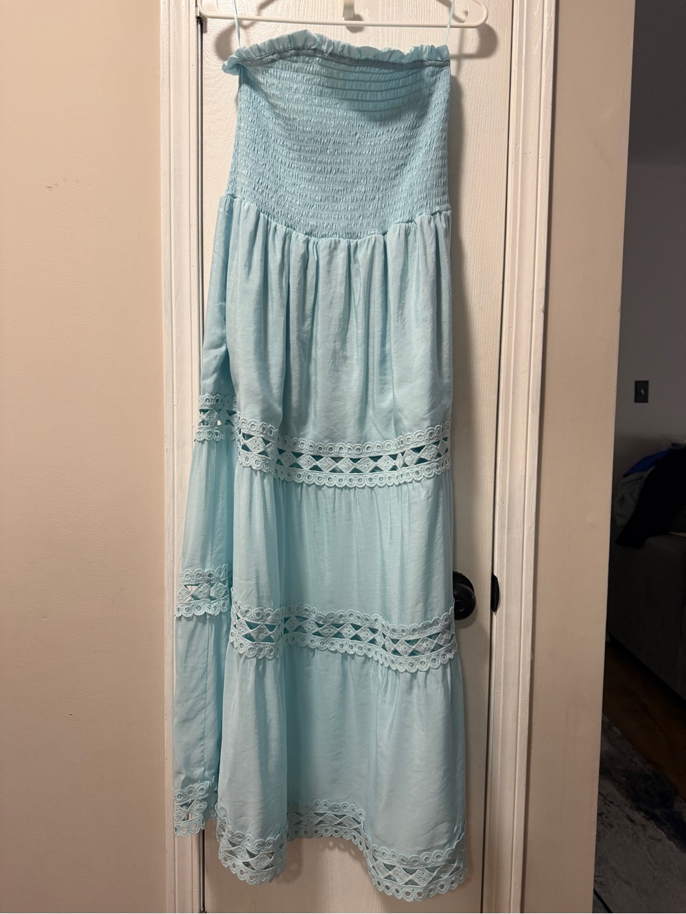 Elan Light Blue Strapless Maxi dress with Lace Panels